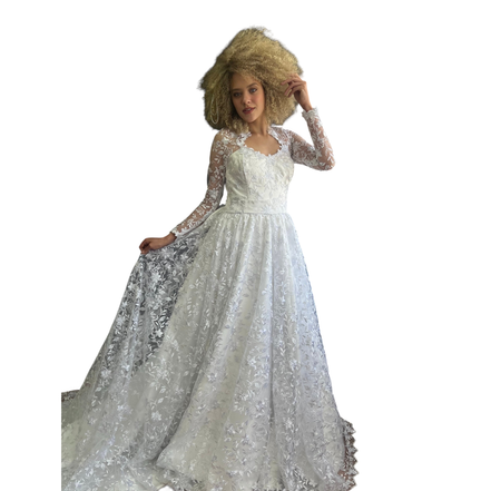 Vestido de noiva Dani Levine 2 em 1 com renda floral, mangas longas transparentes e cauda longa sobre vestido curto.