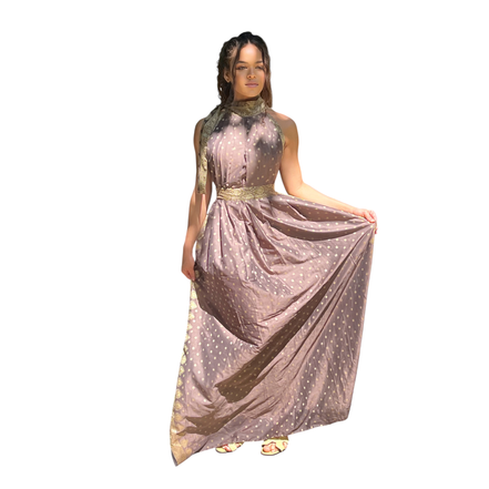 Modelo usando vestido longo Dani Levine em seda marrom com detalhes dourados, gola alta e saia fluida em ambiente externo