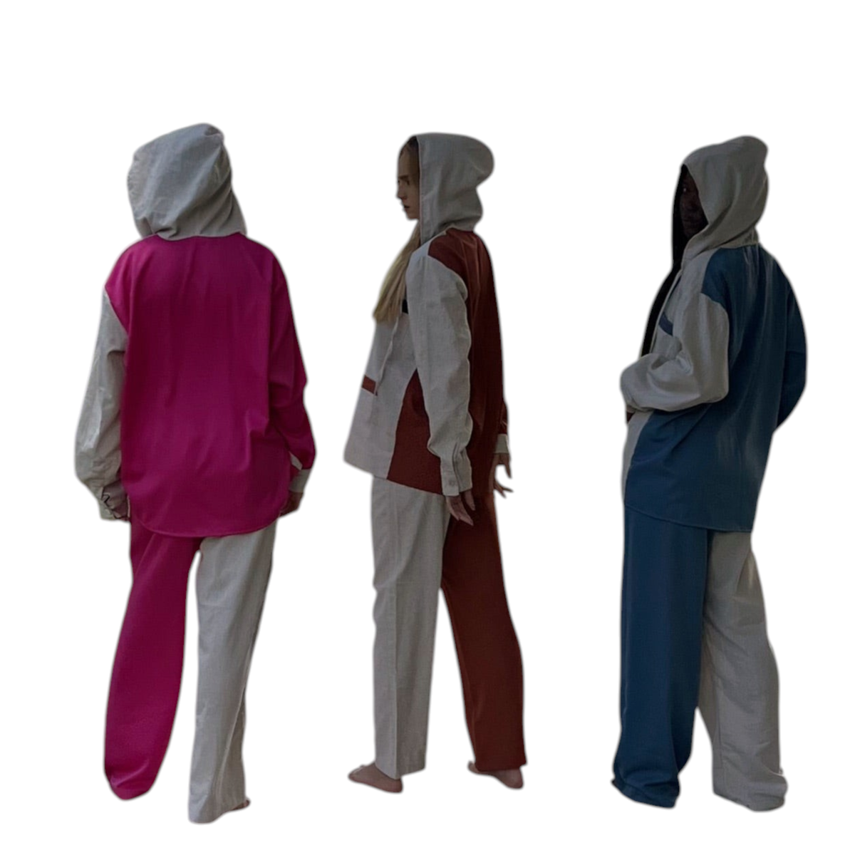 Três pessoas vestindo pijamas unissex Dani Levine com capuz e design color-block em ambiente externo ao ar livre.